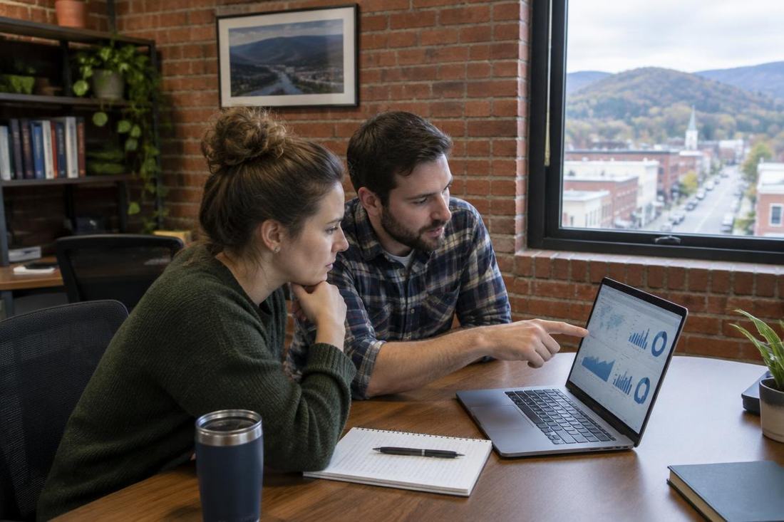Two DataBacktest analysts reviewing results on a laptop